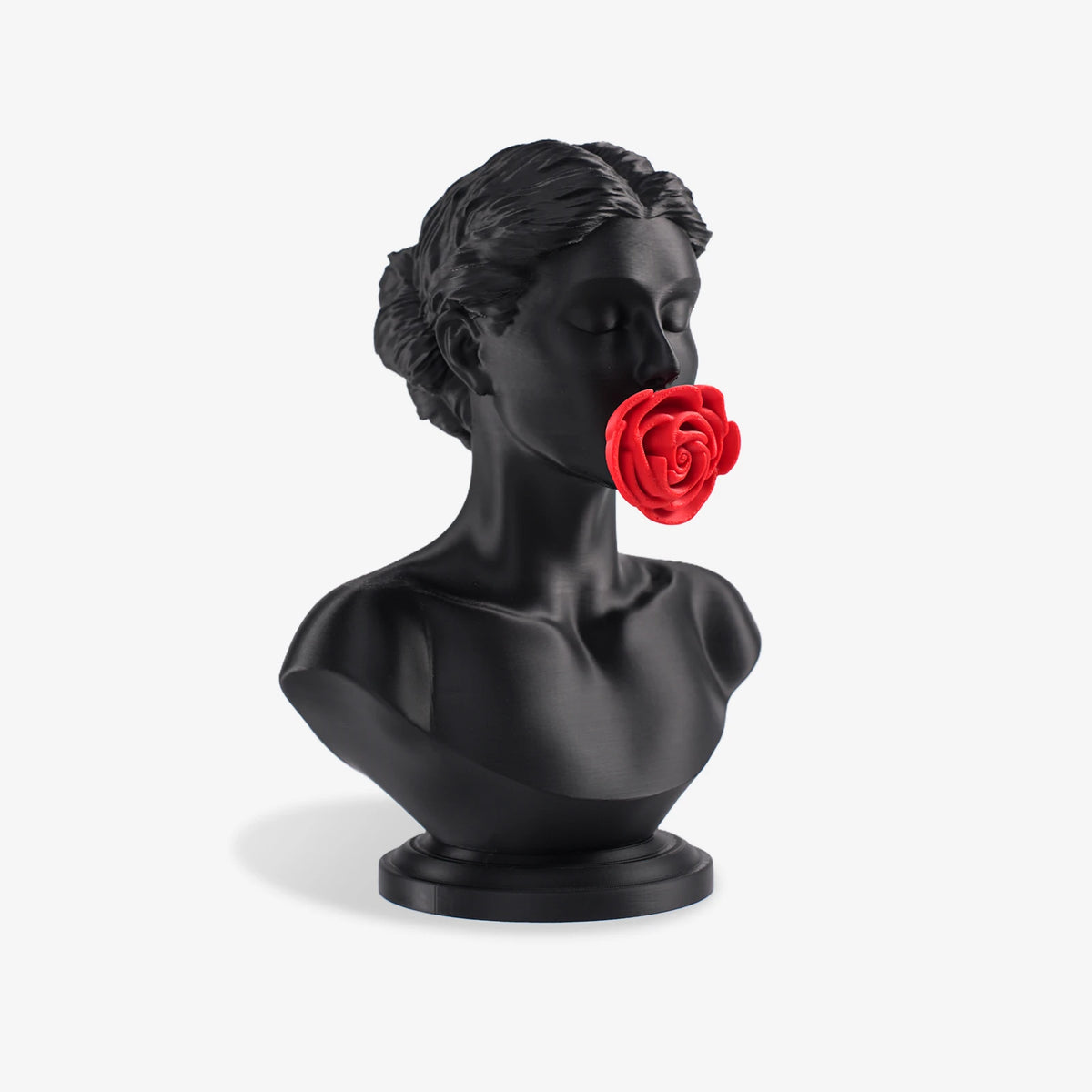 Angled view of Silence of Flowers bust with red rose