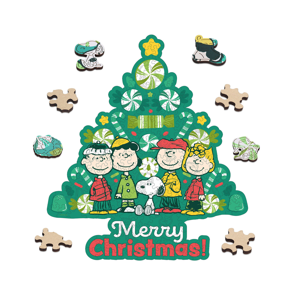 Snoopy Christmas wooden puzzle with festive wreath