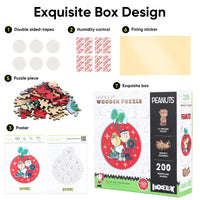 Snoopy wooden puzzle box and included accessories