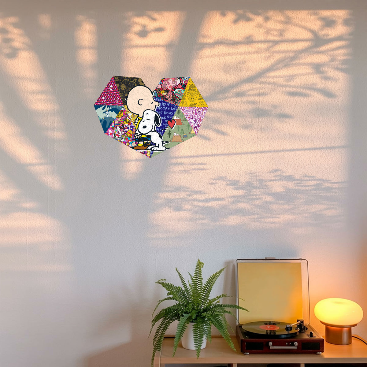 Lifestyle display of Snoopy heart wooden puzzle